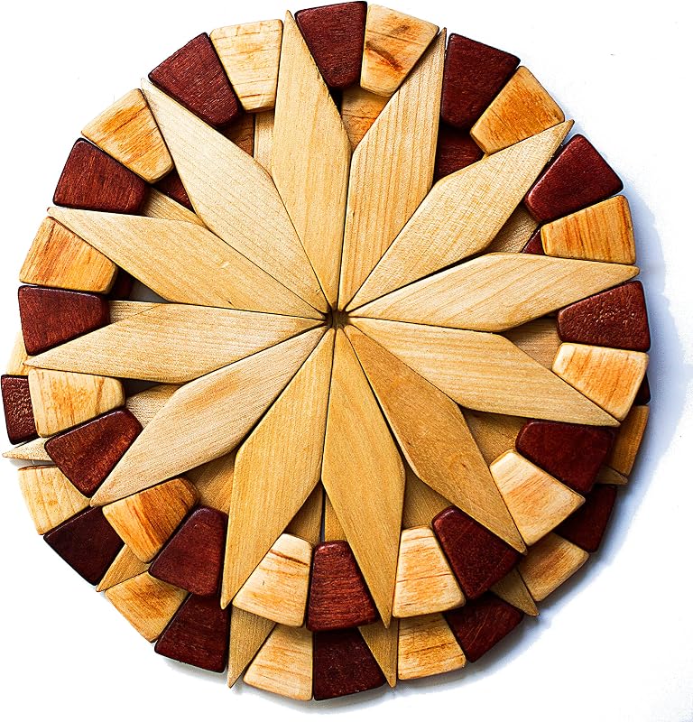 2 Natural Wood Trivets for Hot Dishes, Table & Counter Protection | Handmade Decorative Wooden Trivet Set. 7-inch Made in Ukraine Sturdy, Durable Hot Pads with Festive Design. Kitchen Gift Idea