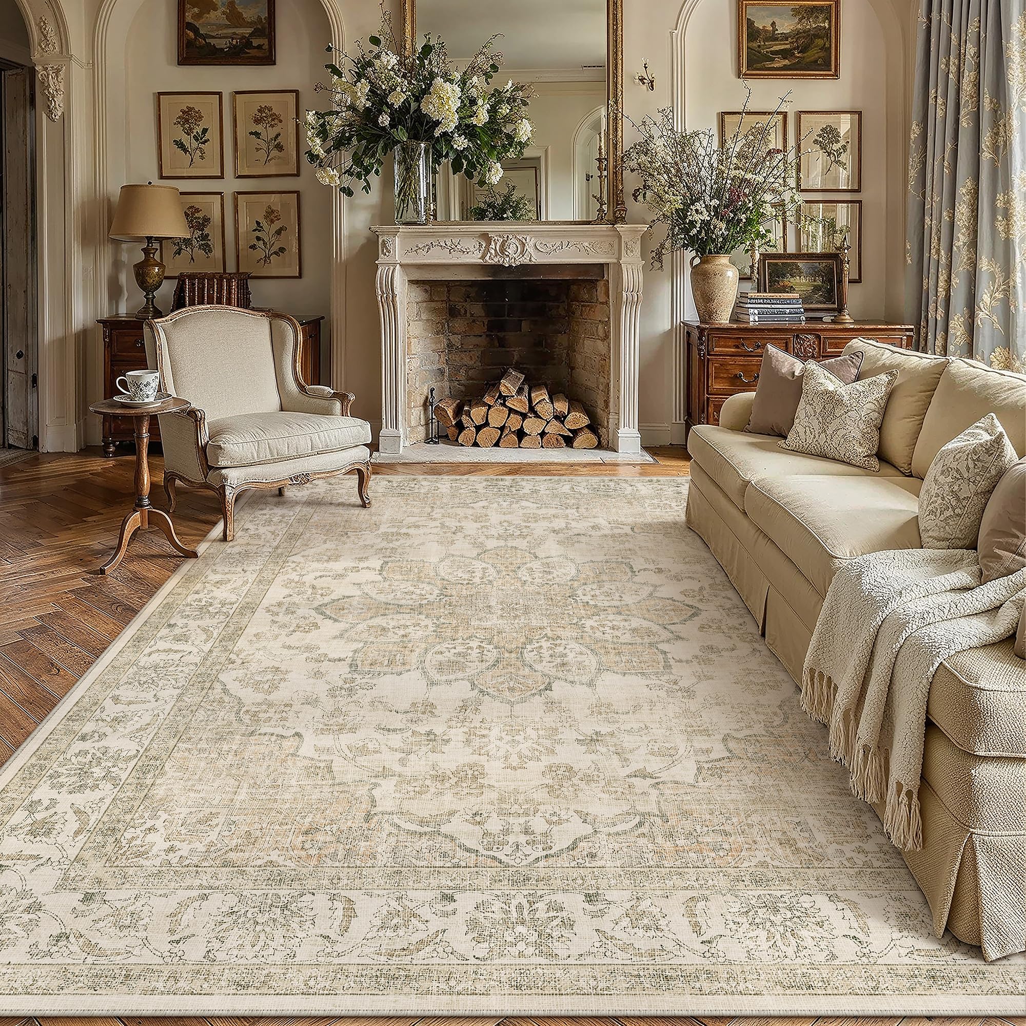 PureCozy Vintage Teppich Wohnzimmer Schlafzimmer Waschbarer | Waschbarer Teppich Wohnzimmer, Rutschfest, Geeignet Für Schlafzimmer, Esszimmer,Büro