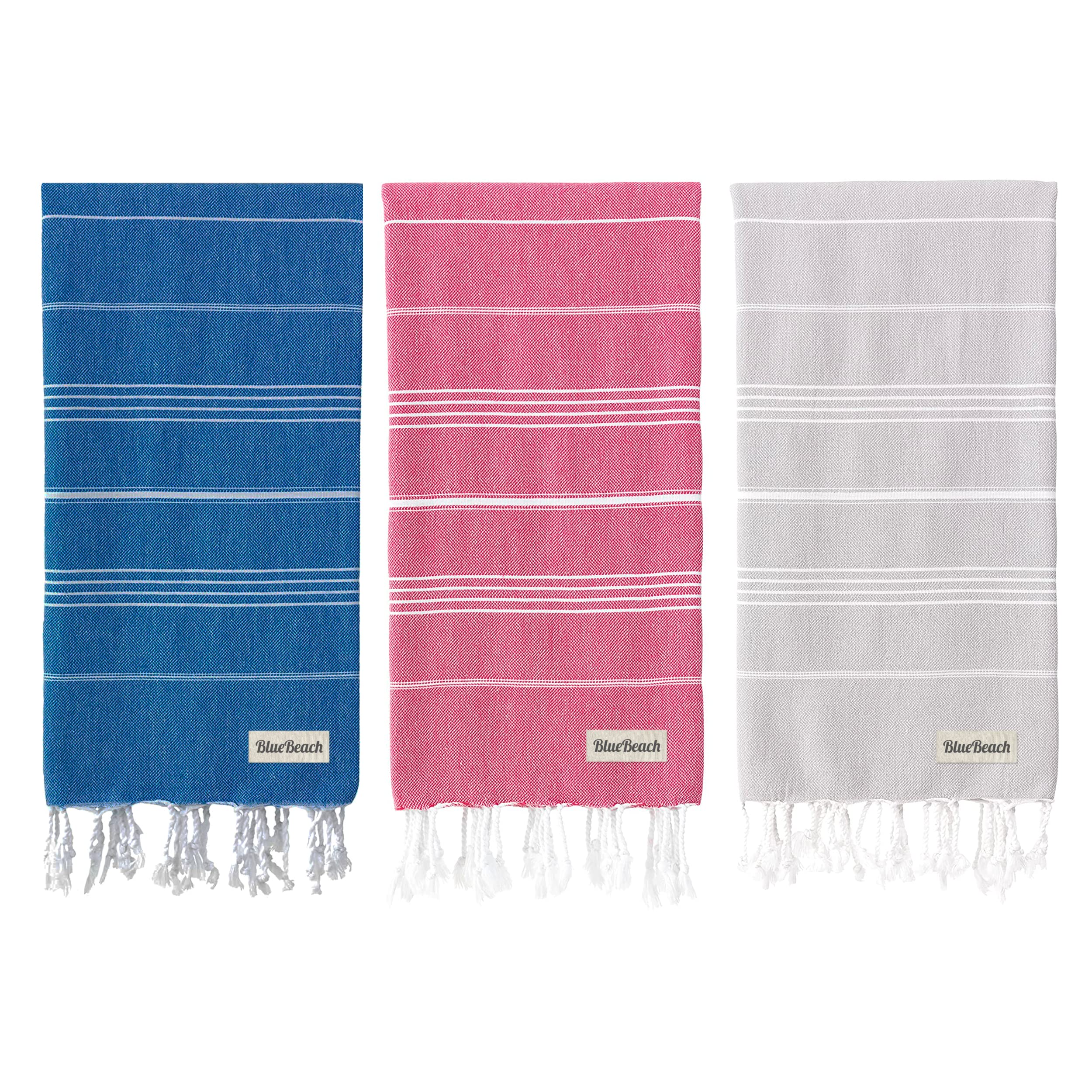 Blue Beach 3 Set Turkish Beach Towels-100x180cm Large Turkish Hammam Peshtemal Towel - Super Absorbent, Lightweight, Compact for Swimming, Bath, Gym, Sauna and Travel (Blue - Silver Grey - Fuschia)
