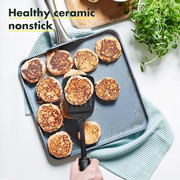 GreenPan Valencia Pro 100% Toxin-Free Healthy Ceramic Nonstick Metal Utensil Dishwasher/Oven Safe Cookware Set, 11-Piece, Gray & Lima 11 Ceramic Non-Stick Square Griddle, Grey - CW000190-002