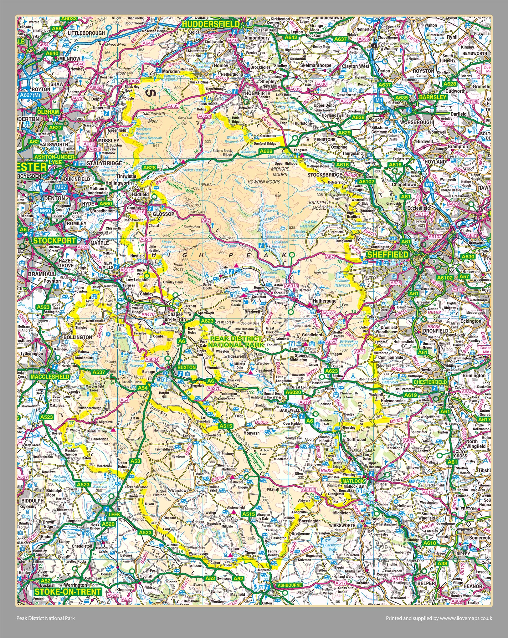 Peak District National Park Map - Paper Laminated - 105 x 84 cm (APPROX)