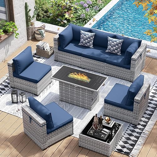 UDPATIO Patio Furniture Set with 44'' Fire Pit Table, 8 PCS Outdoor Sectional Furniture Sets, Outdoor Conversation Set PE Rattan Sofa for Backyard W/Coffee Table (Blue Cushions with Grey Rattan)