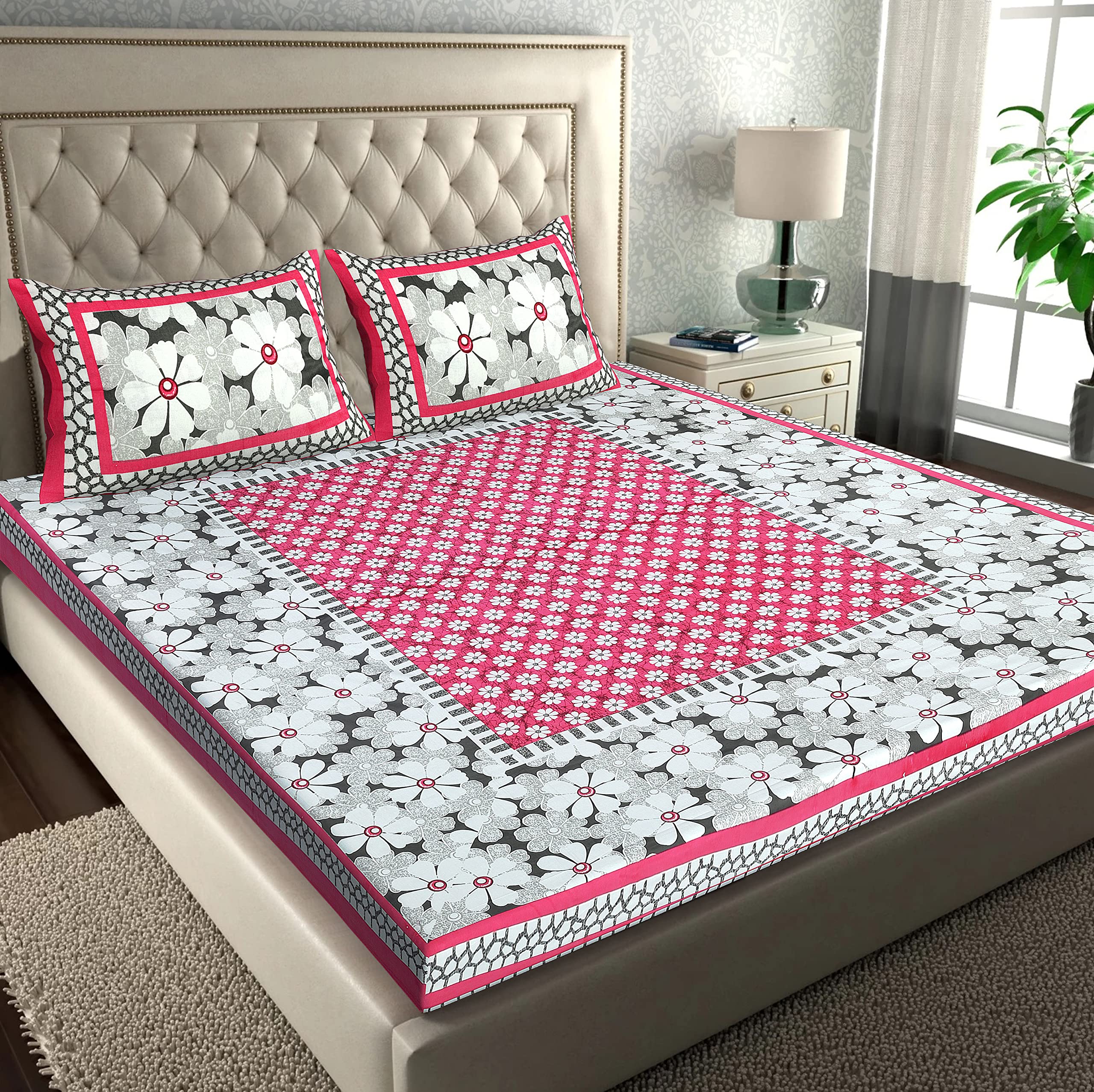 RajasthaniKart® Pure 100% Cotton Double Bed Sheet with 2 Pillow Covers (Bedsheet for Double Bed Cotton, Pink,Floral)