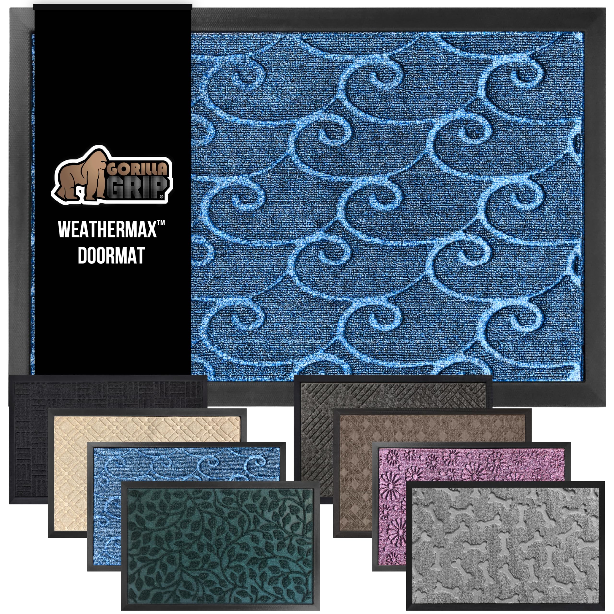 GORILLA GRIP 100% Waterproof All-Season WeatherMax Doormat, US Designed Natural Rubber, Stain and Fade Resistant, Low Profile Indoor Outdoor Door Mats, Easy Clean Patio Mat, 17x29, Ocean Blue Waves