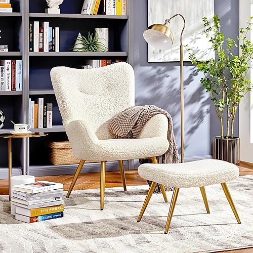 Miniatura 4 de Yaheetech Juego de silla decorativa y otomana, sillón Sherpa con patas de metal dorado y respaldo alto, reposapiés para sala de estar, salón,