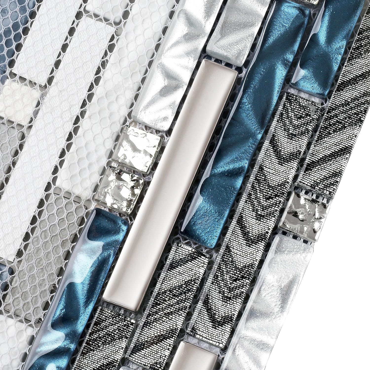Glass Linear Wall Tile Teal Blue White Mosaic Sheets for Kitchen Bathroom Backsplash [Set of 5]
