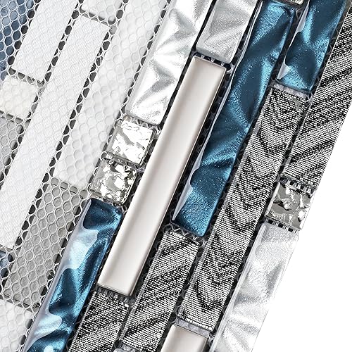 Miniatura 7 de Elephantile Azulejos de pared lineales de vidrio, azulejos de mosaico blanco y verde azulado para cocina, baño, protector contra salpicaduras juego