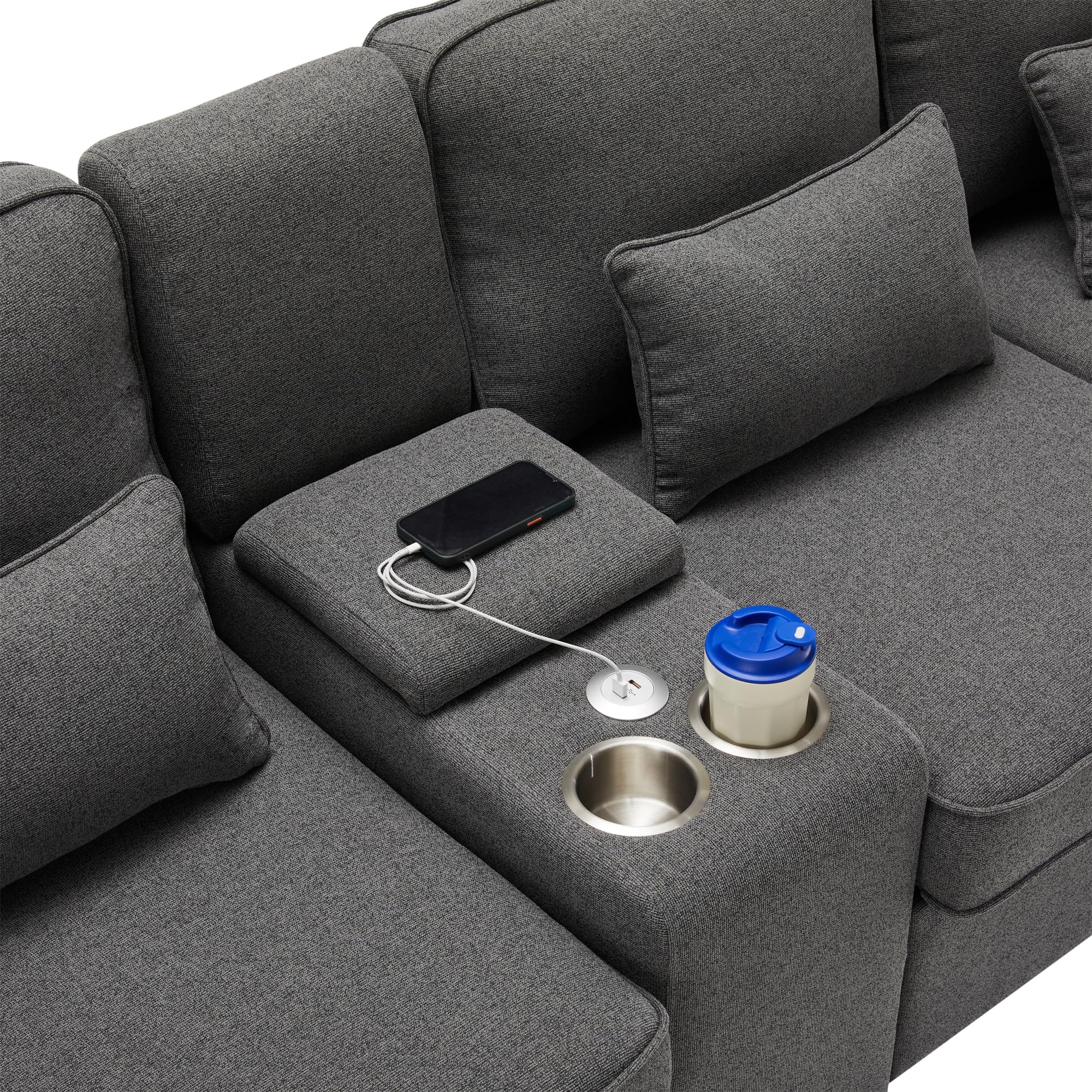 Azkoeesy Moderno sofá de 4 plazas de tela de lino, estilo sencillo, con consola, 2 soportes para bebidas, 2 puertos USB, 4 cojines, adecuado para sala de estar (gris oscuro)