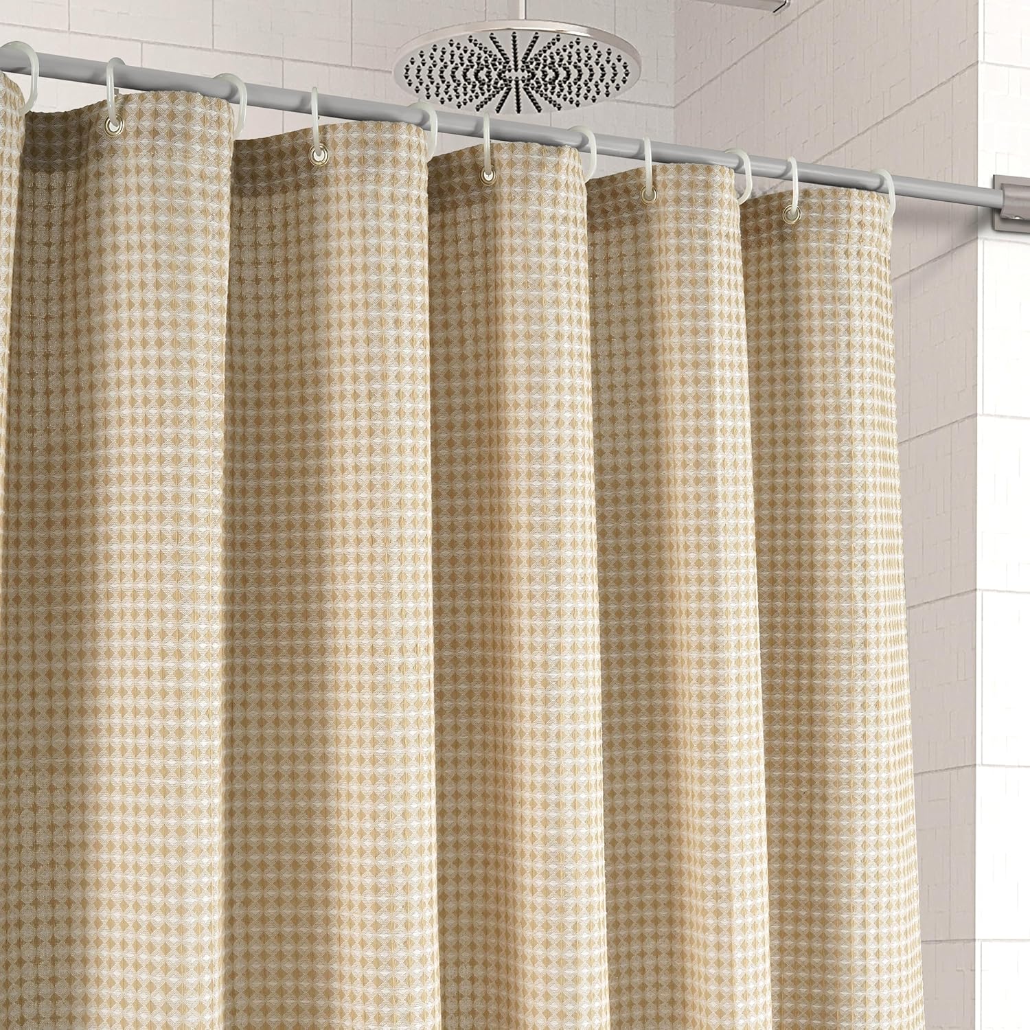 LANE LINEN Luxury Shower Curtain Set for Bathroom - Standard Sized Pack of 2 - Premium Waffle Stripe Fabric - Water Repellent, Quick Dry & Machine Washable - Reinforced Header with Grommets - Beige