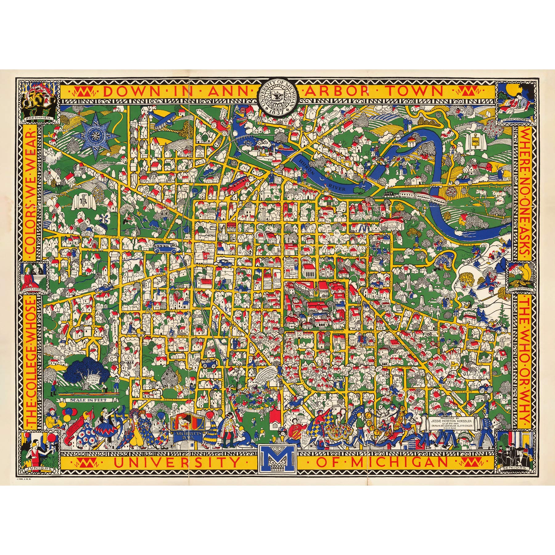 Artery8 Map Koessler 1926 University Michigan Pictorial Premium Wall Art Canvas Print 18X24 Inch