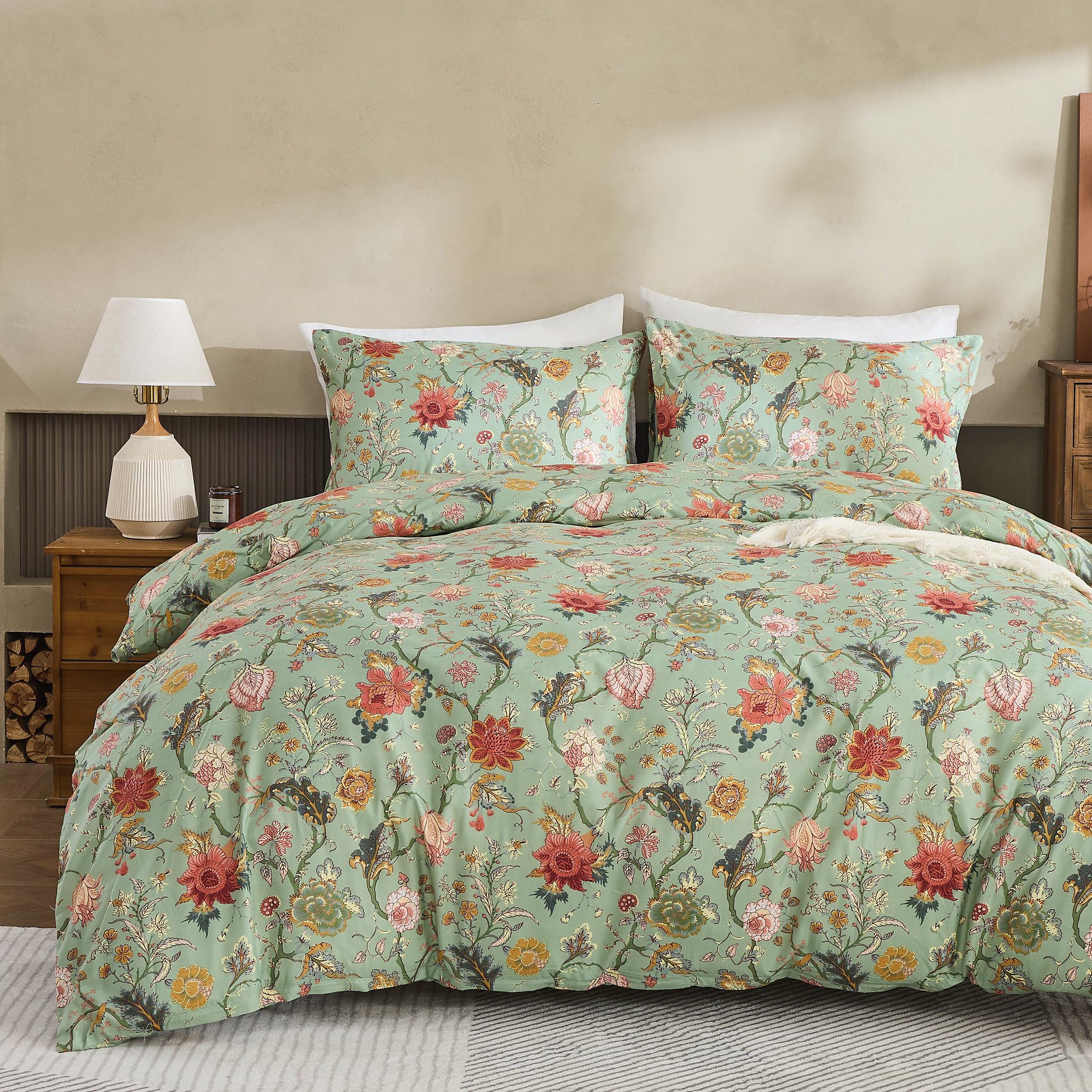 Simple&Opulence Double Duvet Cover Set 200x200 cm, Floral Printed Bedding Set with Pillowcases, Botanical Flower Pattern Quilt Cover, Soft Microfiber Bedding, Zip Closure, Easy Care