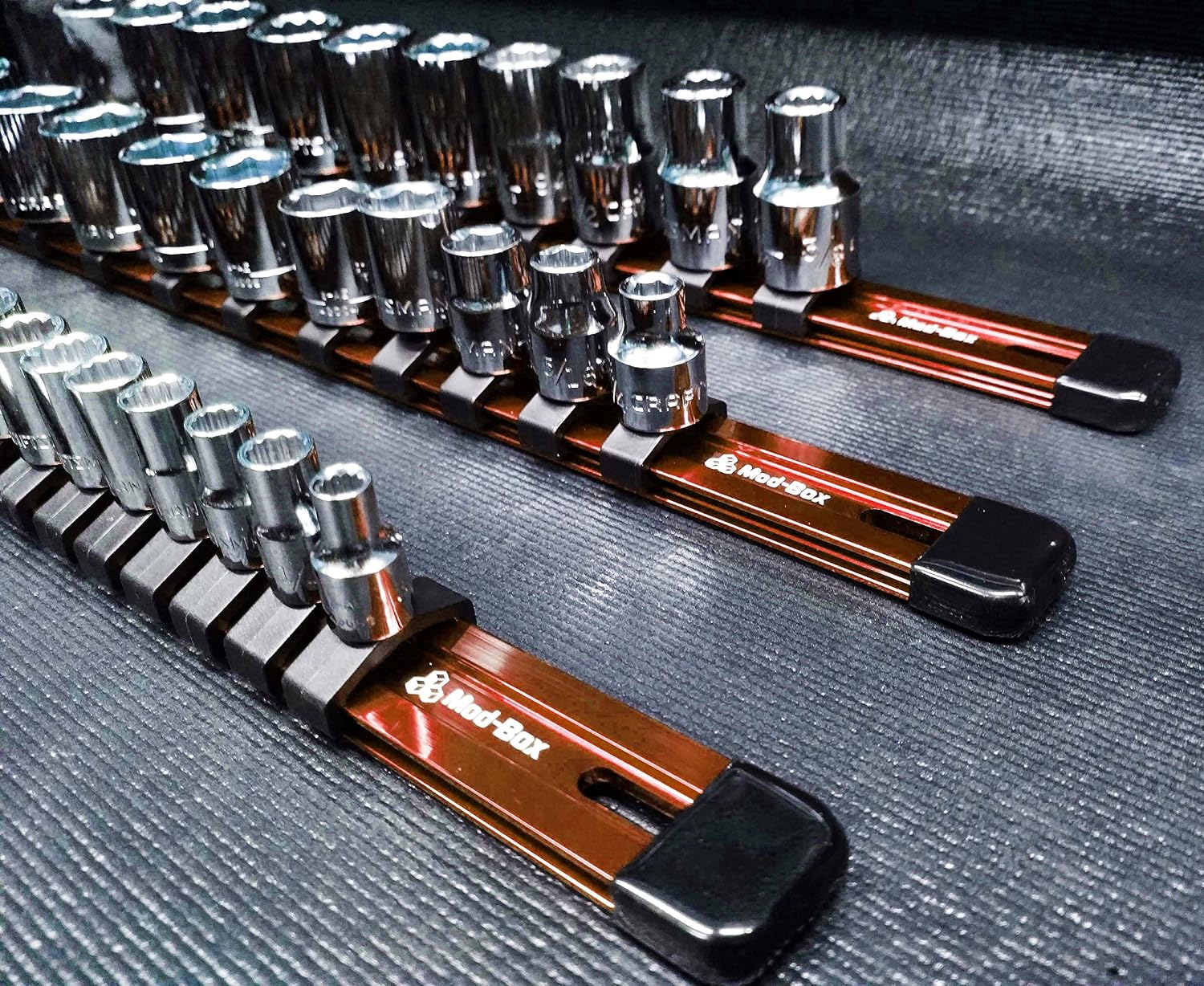 Socket Organizer | 1/2, 3/8, 1/4 Inch Drive | 18, 20, and 24 Clips | Professional Grade Heavy Duty 17 Inch Anodized Aluminum Build | Max Amount of Clips Included | By Mod-Box (1/4, Orange)