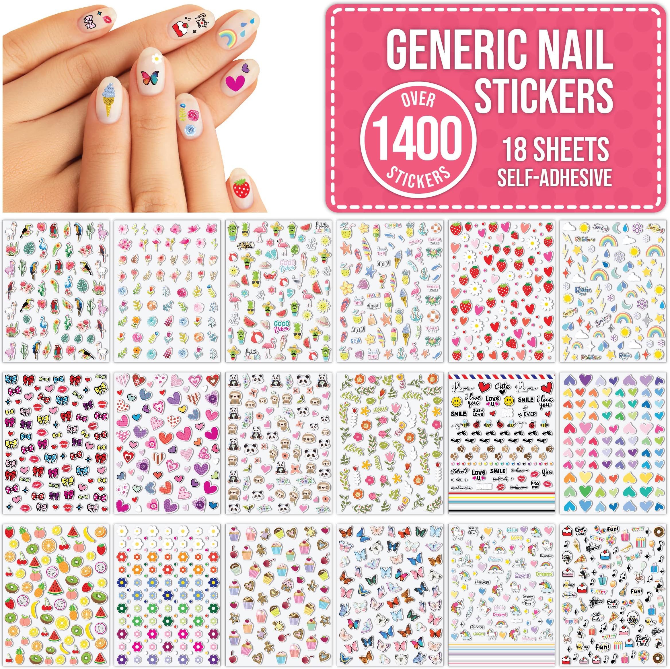 Cute Nail Stickers Over 1400 for Children, Kids, Adults - 18 Sheets Self Adhesive Girls Nail Art Decal Kit Decoration Accessories - Flowers, Hearts, Butterflies, Fruits, Animals