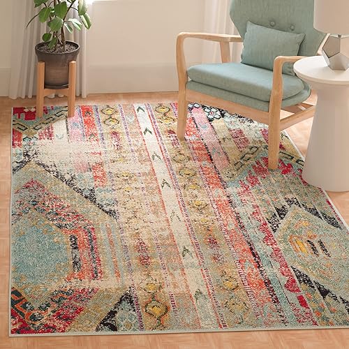 SAFAVIEH Monaco Collection 4' x 4' Square Multi MNC222F Boho Chic Tribal Distressed Non-Shedding Living Room Bedroom Accent Rug