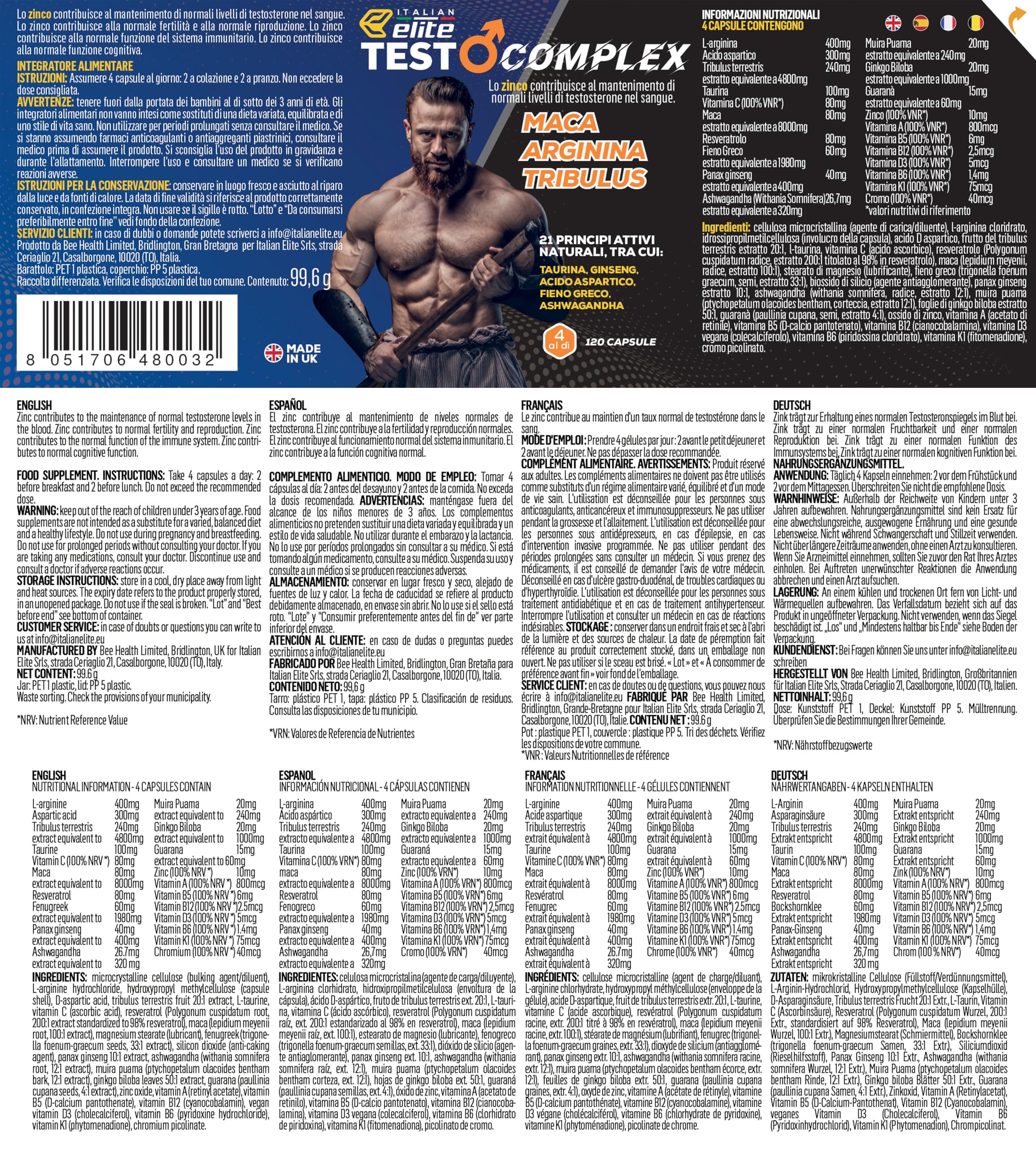 Italian Elite Testo Complex 120 Cápsulas - Fórmula con Maca 8000 mg, Tribulus, Fenogreco, Zinc, Arginina, Taurina, Ashwagandha, Vitaminas y Minerales