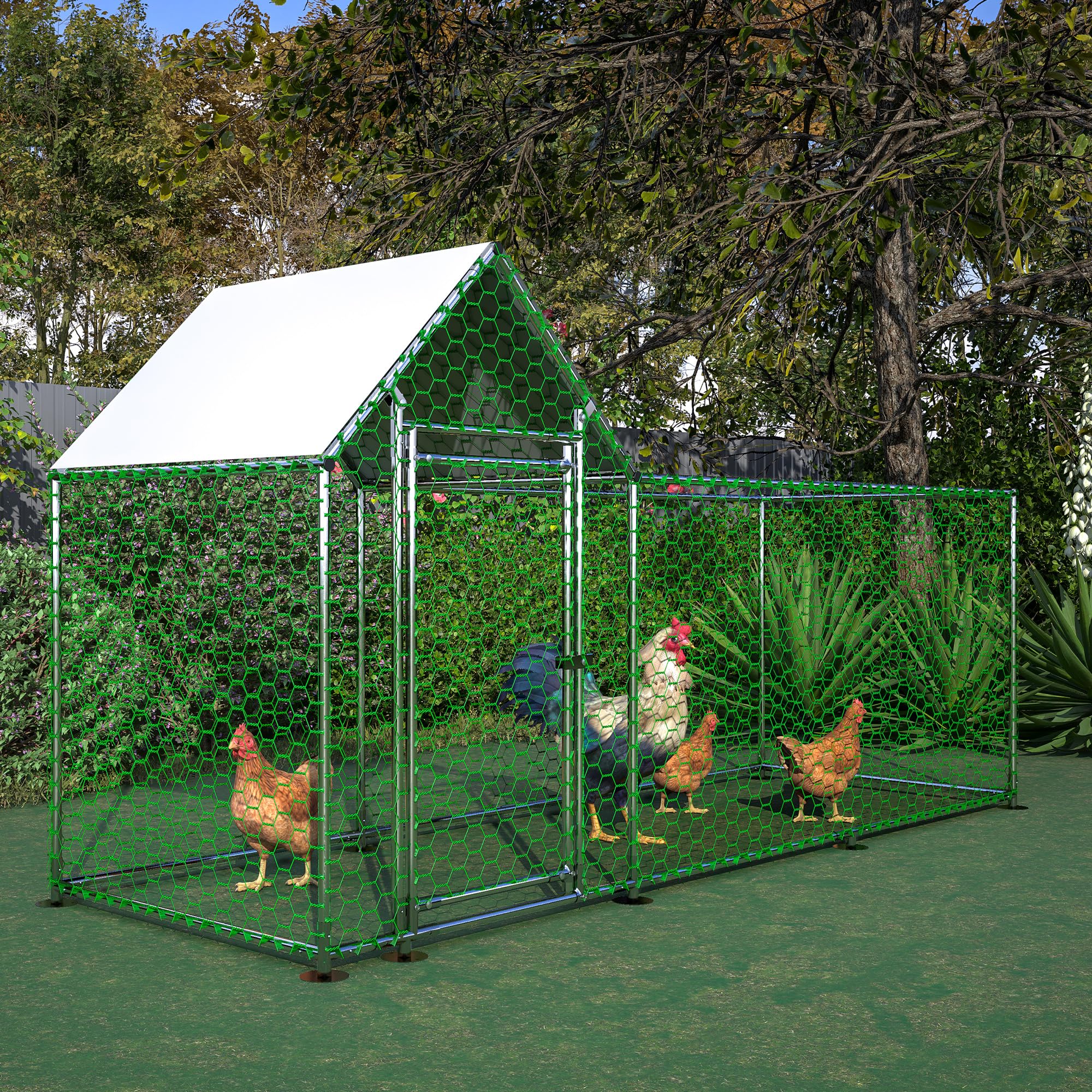 Large Metal Chicken Coop Walk-in Chicken Run Outdoor Galvanized Combination Chicken Cage Pen with Sloped Top and Extended Channel Outside Chick Duck
