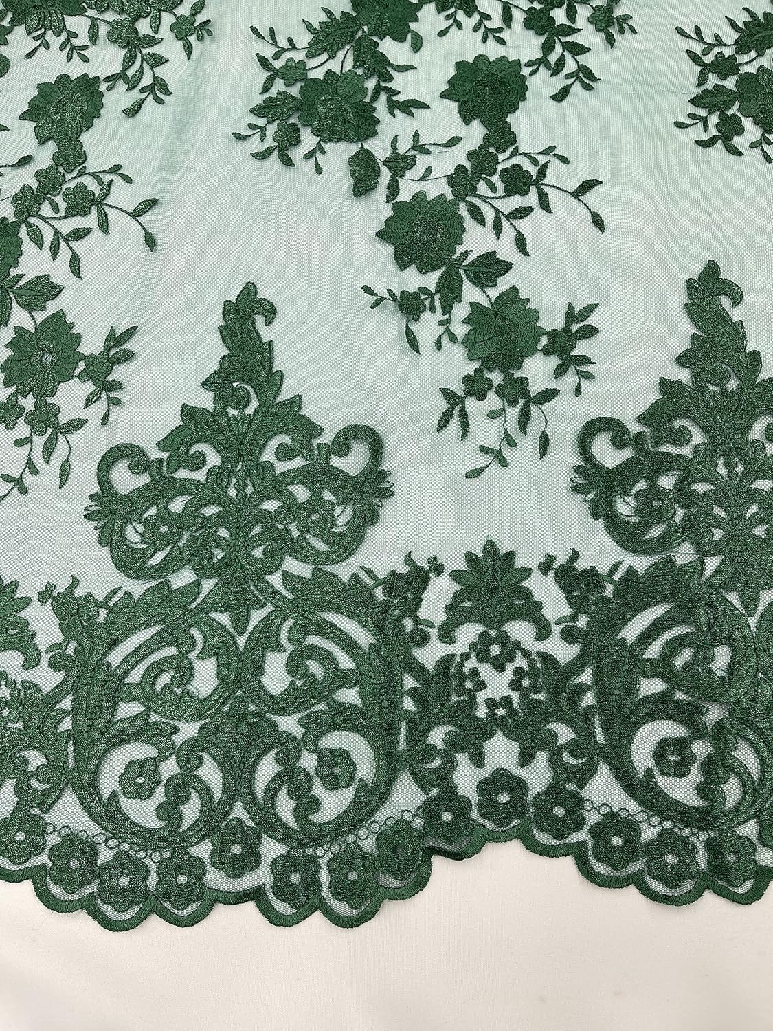 New Creations Fabric & Foam Inc, 54" Wide Elegant Flower Damask Flat Lace Embroidery On A Mesh (1 Yard, Hunter Green)