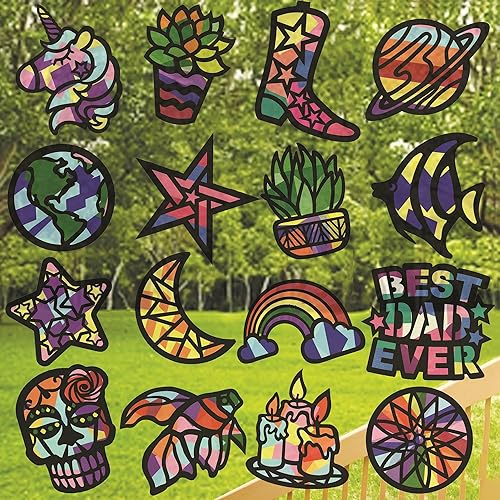 Miniatura 6 de VHALE Kit de atrapasoles para niños, 3 juegos de atrapasueños de papel con efecto de vitrales (9 recortes, 27 papeles de seda), arte de ventana,