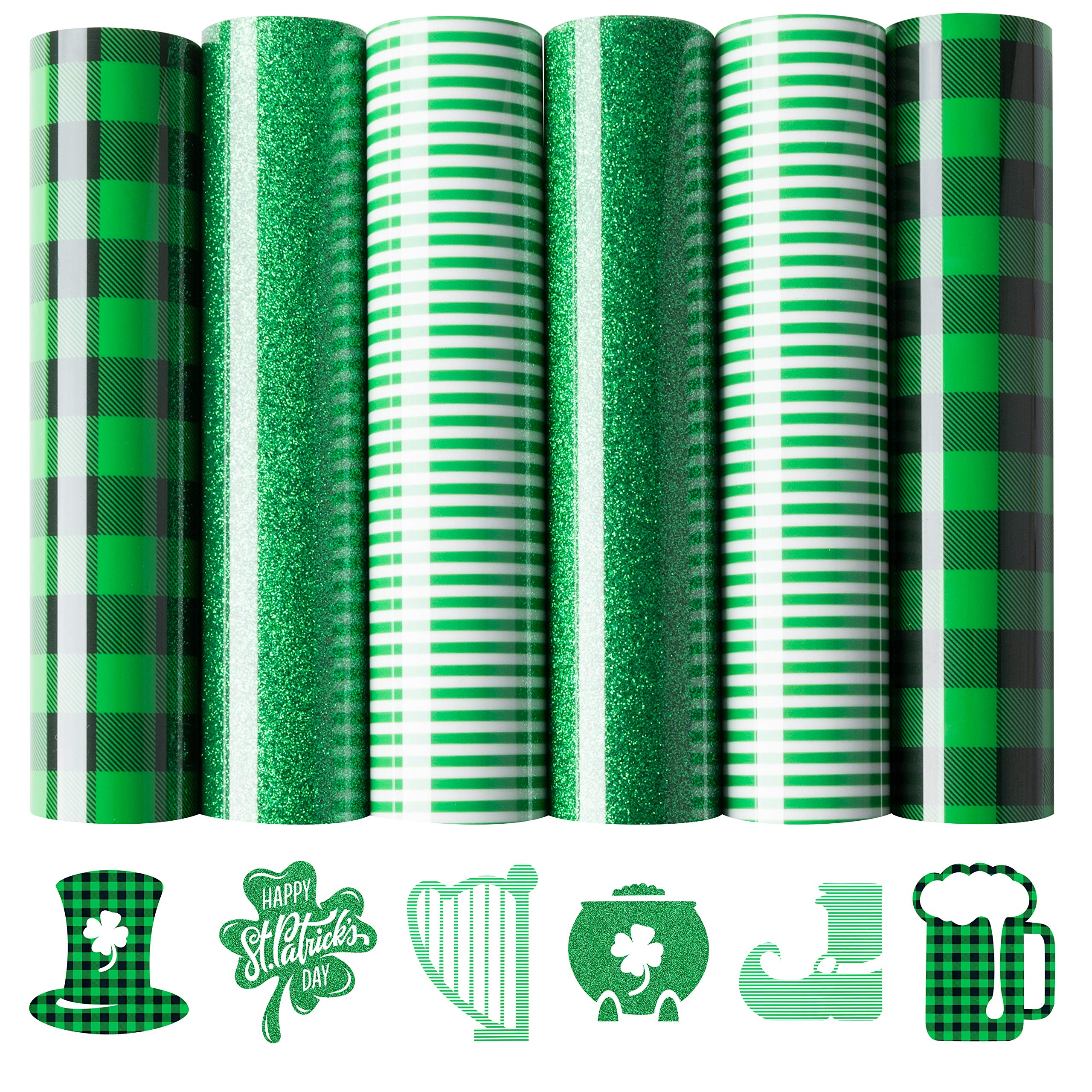 Photo 1 of 11 PACKS R HORSE 6Pcs Tropical Jungle Heat Transfer Vinyl HTV Sheets 12"x 10" Iron On Vinyl, Green&Black Plaid Striped Pattern Craft Film HTV Craft Bundle of Heat Press Vinyl for T-Shirts Clothing DIY Decora