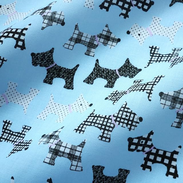 Blue Polycotton Fabric with Black & White Scottie Dogs (Per Metre)