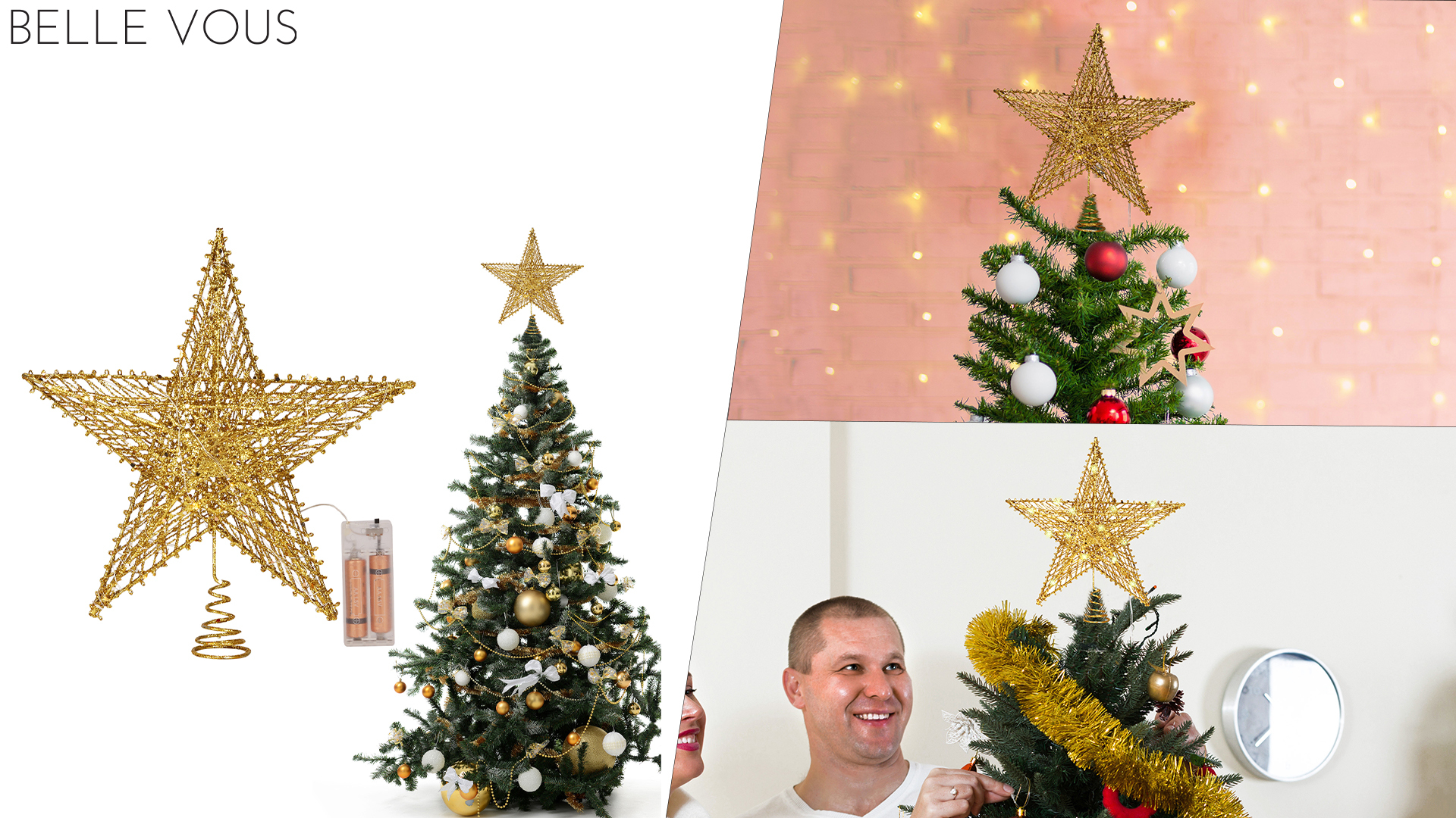 3D Cimier De Sapin De Noel Etoile, Décorations Sapin De Noel, Brillantes, Or, 12Cm(4.72