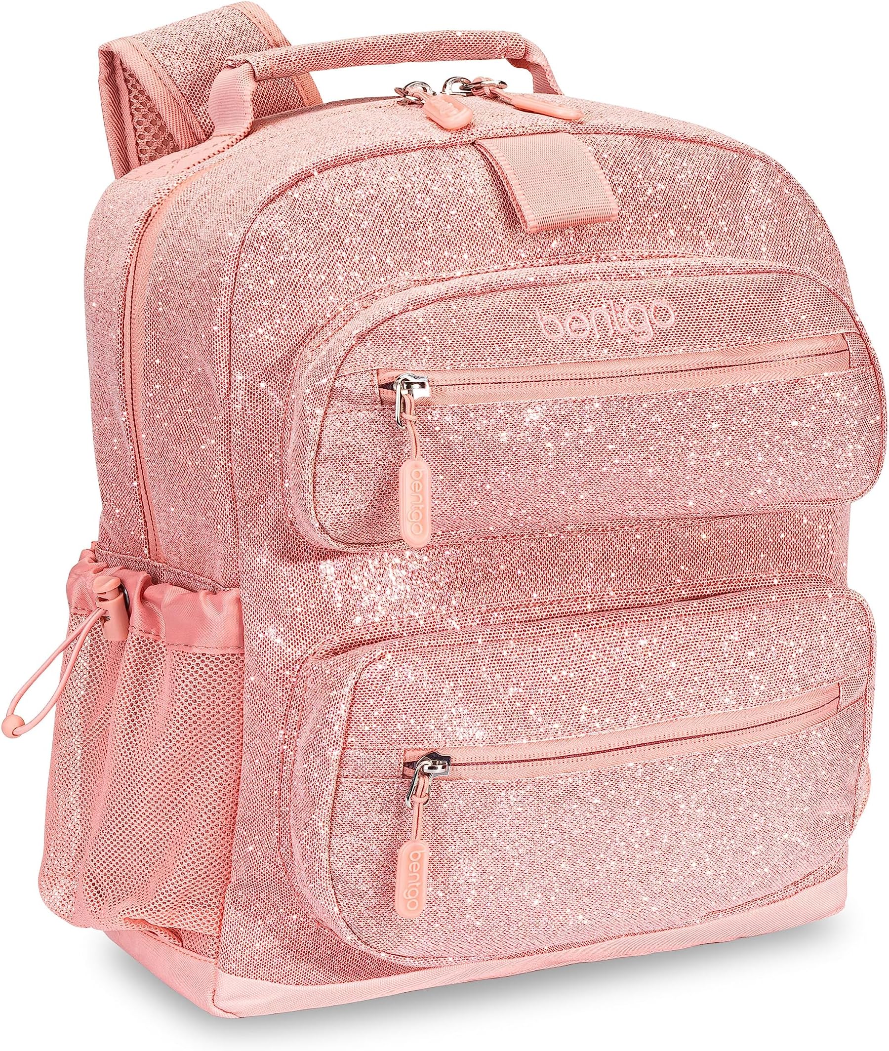 Bentgo® Kids Glitter Backpack - Lightweight 14” Backpack for School, Travel & Daycare, Ideal for Ages 4+, Durable & Water-Resistant, Roomy Interior, & Loop for Lunch Bag (Glitter Edition - Petal Pink)