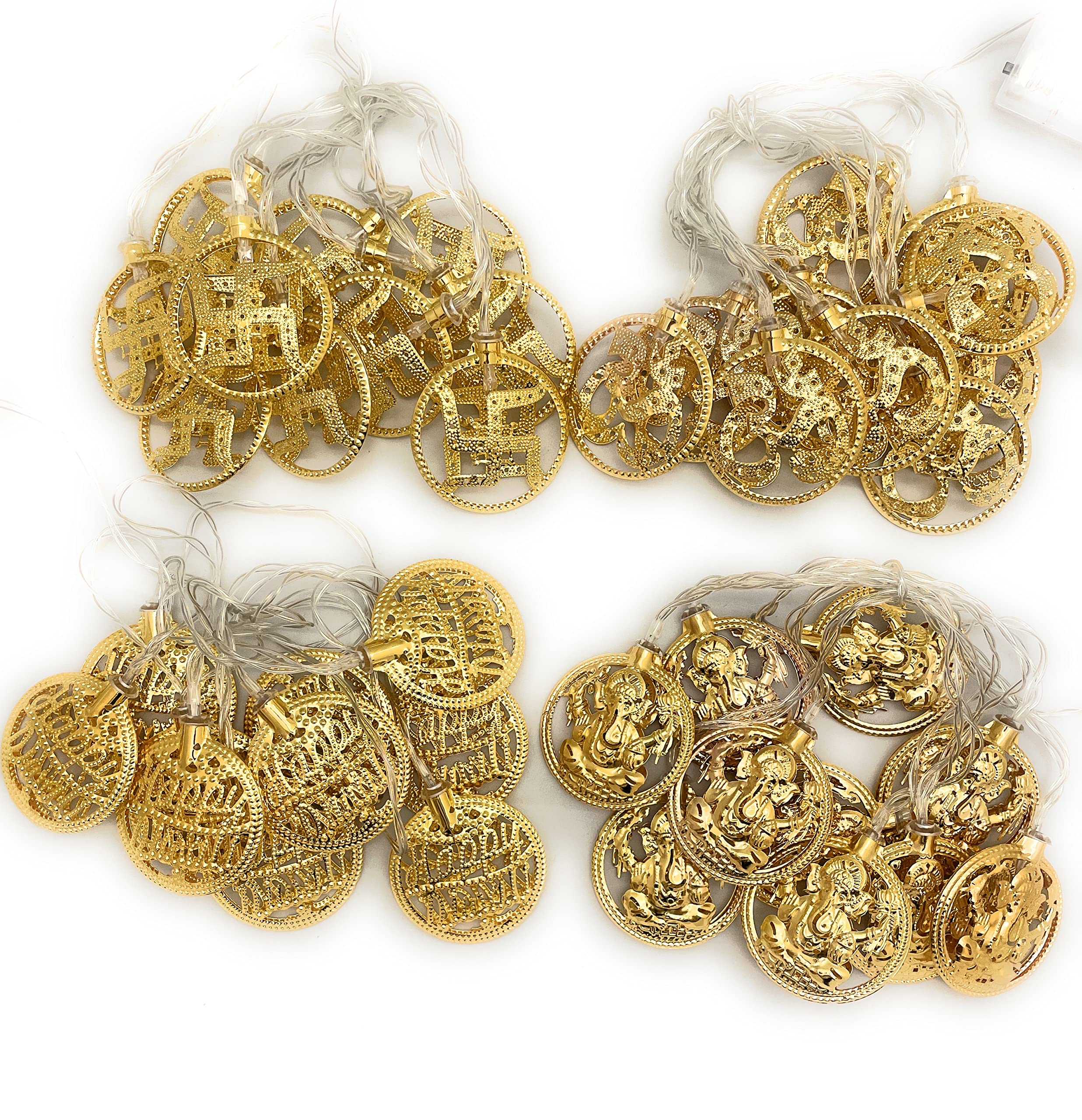 MOONCEE 4 Pcs PACK Ganesha, Happy Diwali, Om, Swastika, 40 LED Golden Metal String Light 2 Meter Each Fairy Lights for Diwali Home Decoration, Wall Hanging Golden Light Battery Power (Warm White)