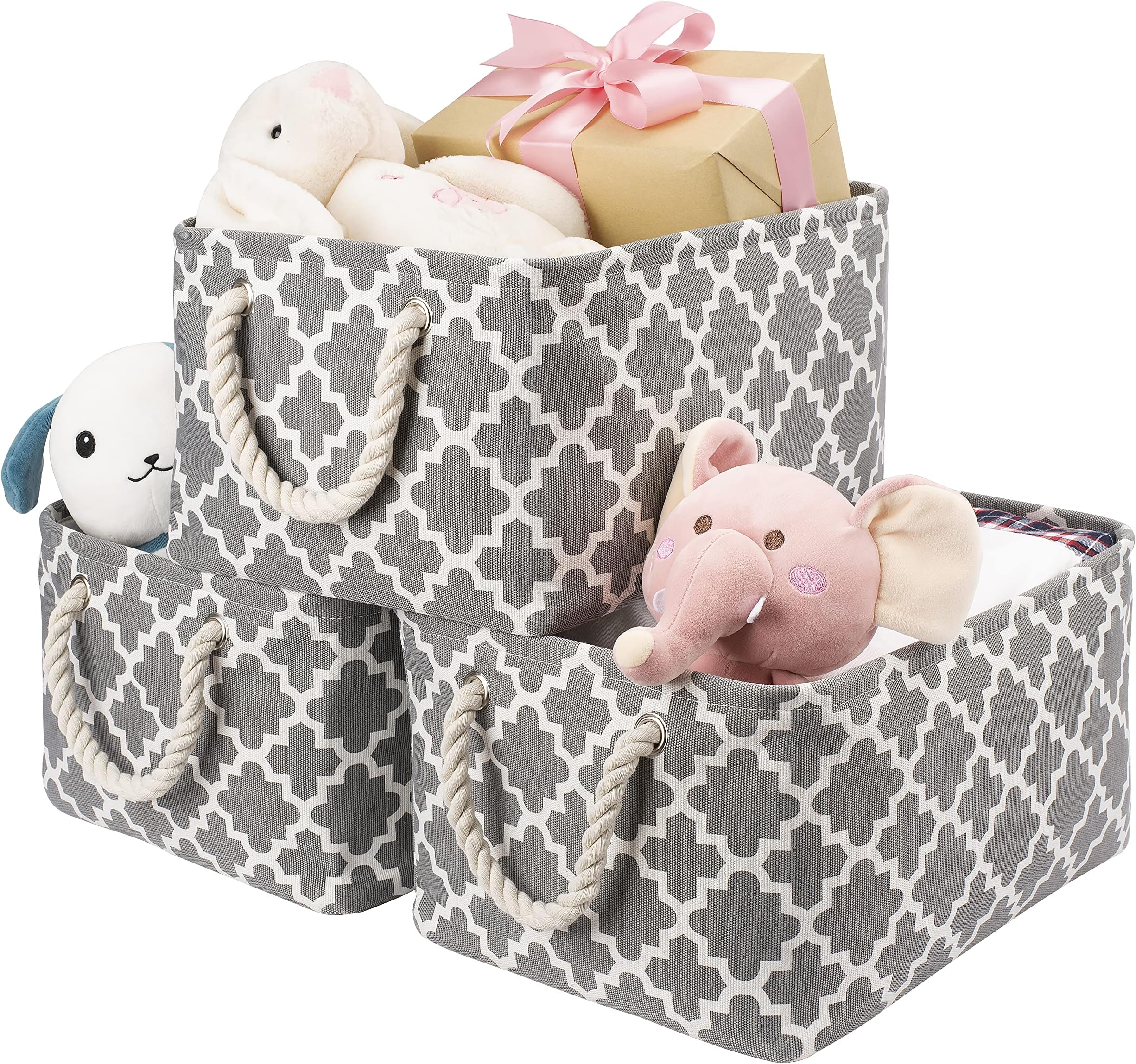 Set of 3 Large foldable canvas Storage Baskets with cotton rope Handles, Collapsible grey fabric storage box basket, Storage boxes Organiser for Shelves, wardrobe, toy, Clothes, bedroom, bathroom