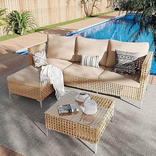 3 Piece Outdoor Furniture Set, Apartment Patio Sectional Furniture, Patio Chaise Sofa Sets with All Weather Manual Rattan, Perfect for Balcony, Porch, Lawn, Backyard (Yellow/Beige)