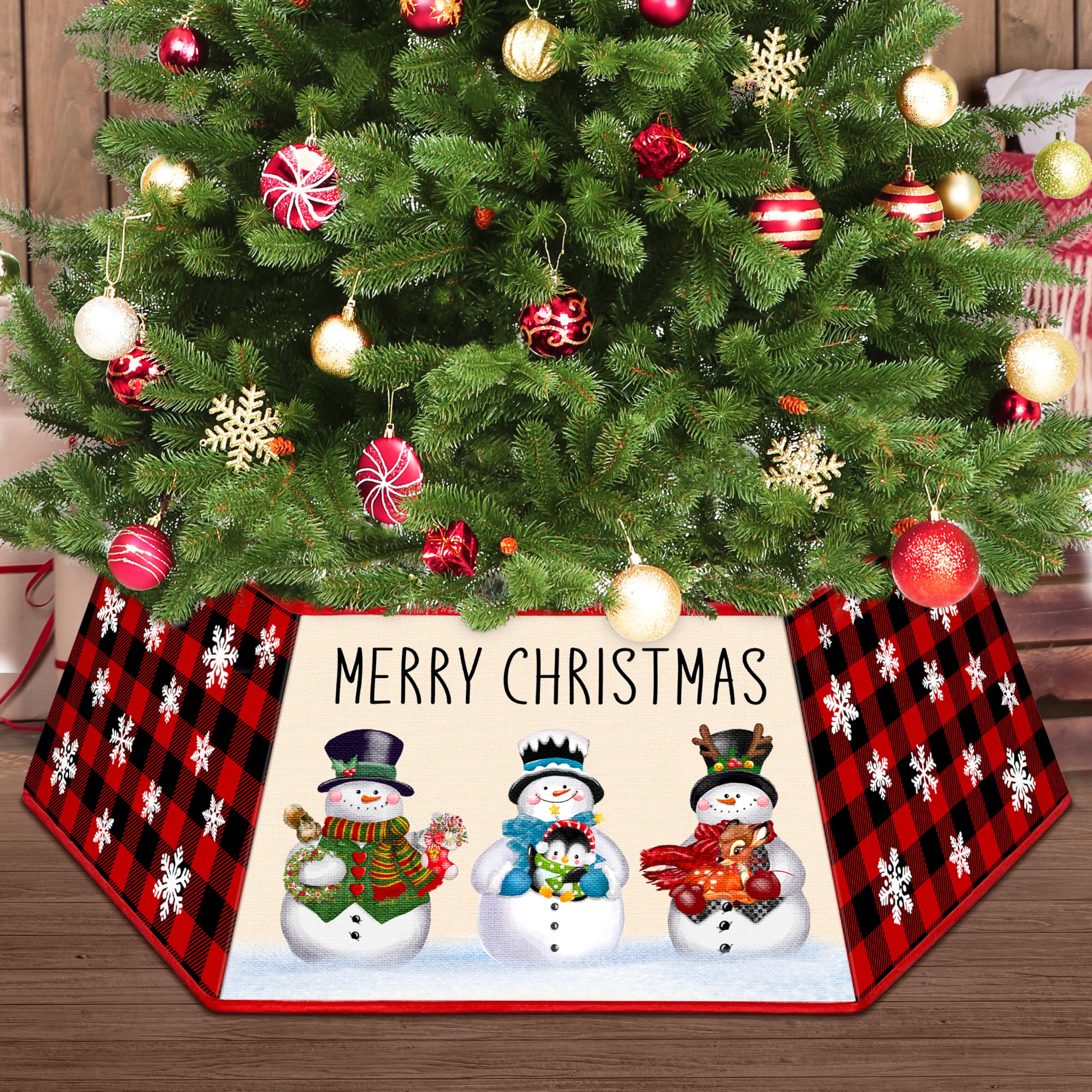 Buffalo Plaid Christmas Tree Collar for Artificial Trees - Base Cover Box Stand Fabric Hexagon Skirt Ring - Xmas Holiday Home Decoration (Snowman)