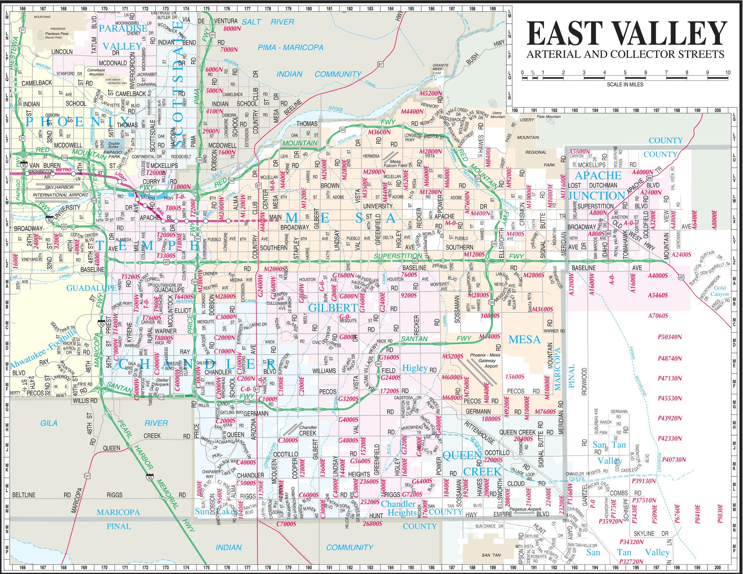 East Valley Arterial and Collector Streets Desk Map Gloss Laminated