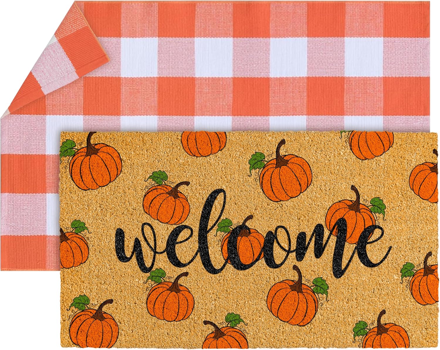 2 Pcs Fall Door Mat Combo Set - 17 x 30 Inch Pumpkin Welcome Coir Non Slip Doormat & 28 x 43 Inch Buffalo Plaid Floor Rug for Thanksgiving Indoor Outdoor Front Porch Entryway Decor (Pumpkin)