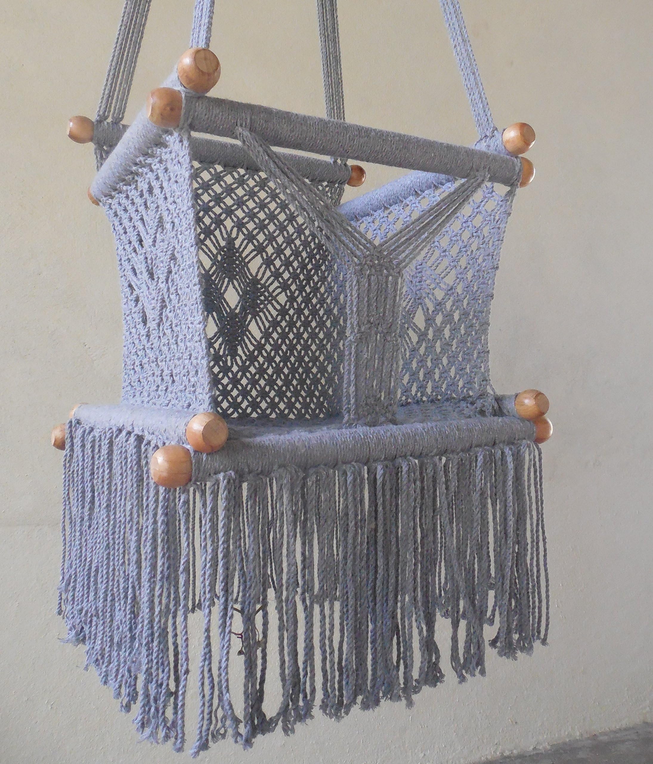 Leetyahammocks Baby Hanging Chair Handmade Macrame Cotton Grey/Indoor Outdoor Baby Chair Swing/Hanging Chair Swing