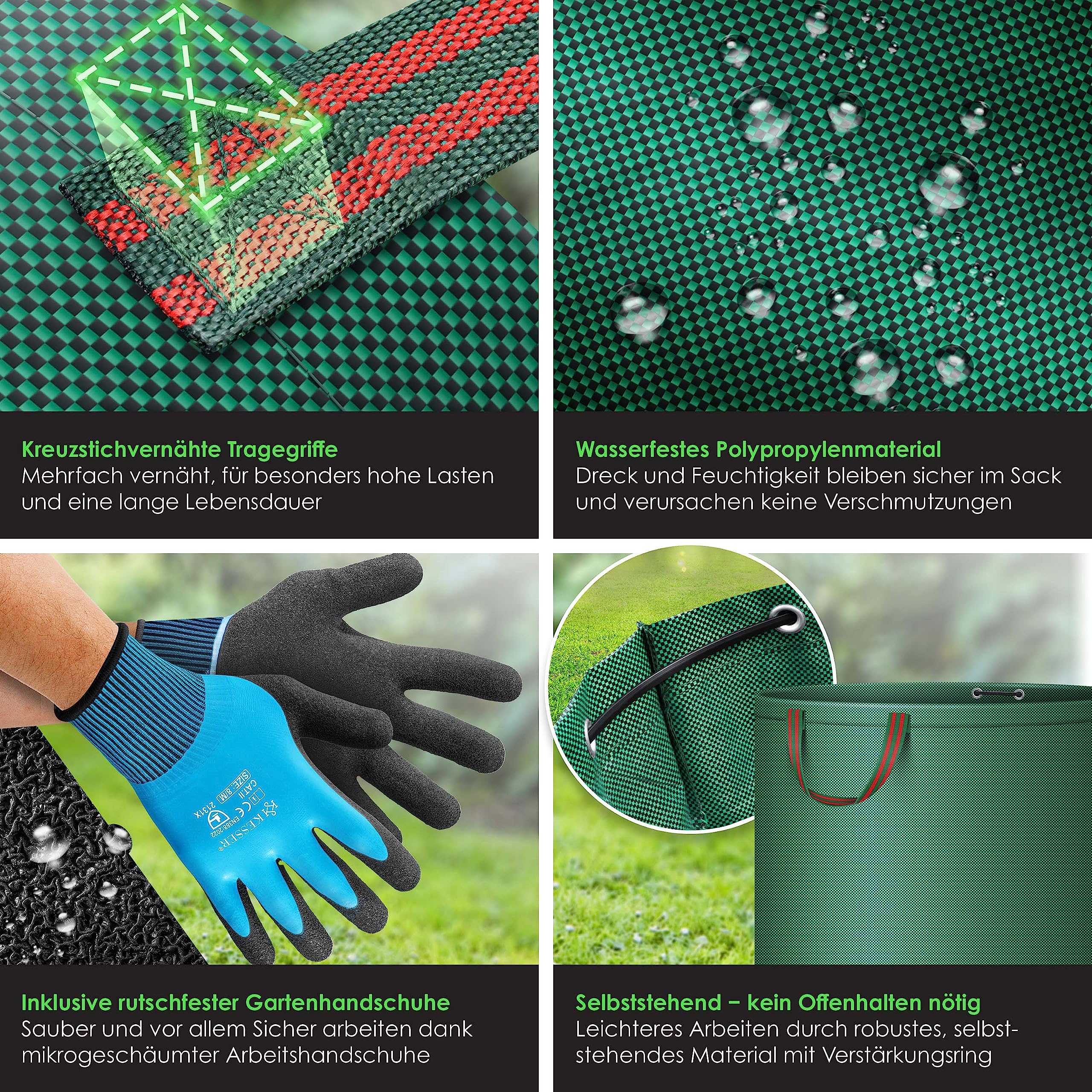 KESSER® Gartensack 6x 500L Set Laubsack Gartenabfallsack inkl. Handschuhe - Selbststehend 4 Griffe Stabil Robust & Faltbar - Laubsäcke Rasenschnitt Gartensäcke für Gartenabfälle Grünschnitt Grün