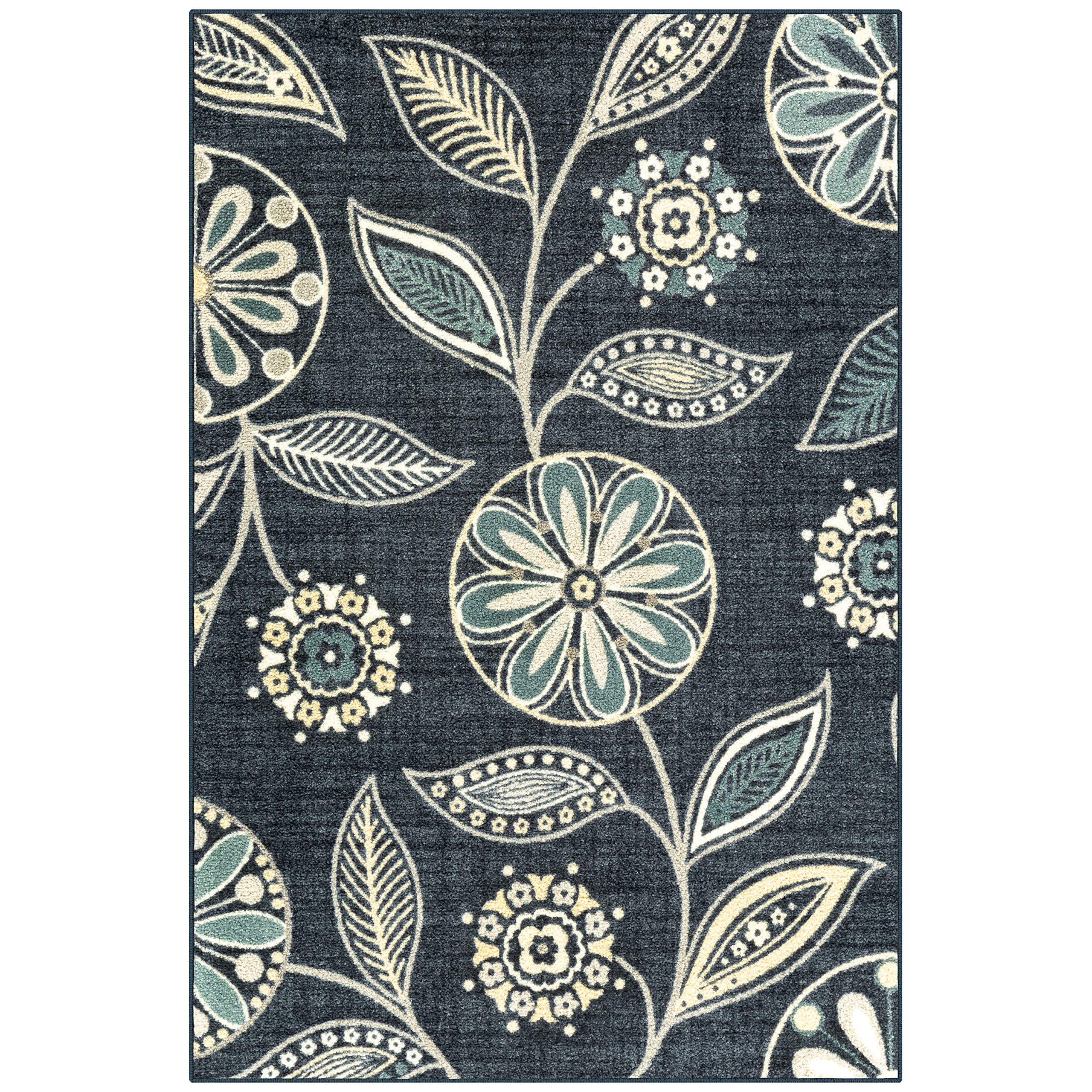 Maples Rugs Reggie Floral Area Rug - Made in USA - Washable, Non Slip, Pet-Friendly Mats for Living Room, Bedroom, and Office, 3'4 x 5, Persian Blue