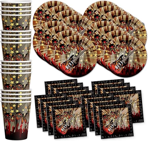Birthday Galore Rock Star - Juego de suministros para fiestas, platos, servilletas, vasos, vajilla para 16