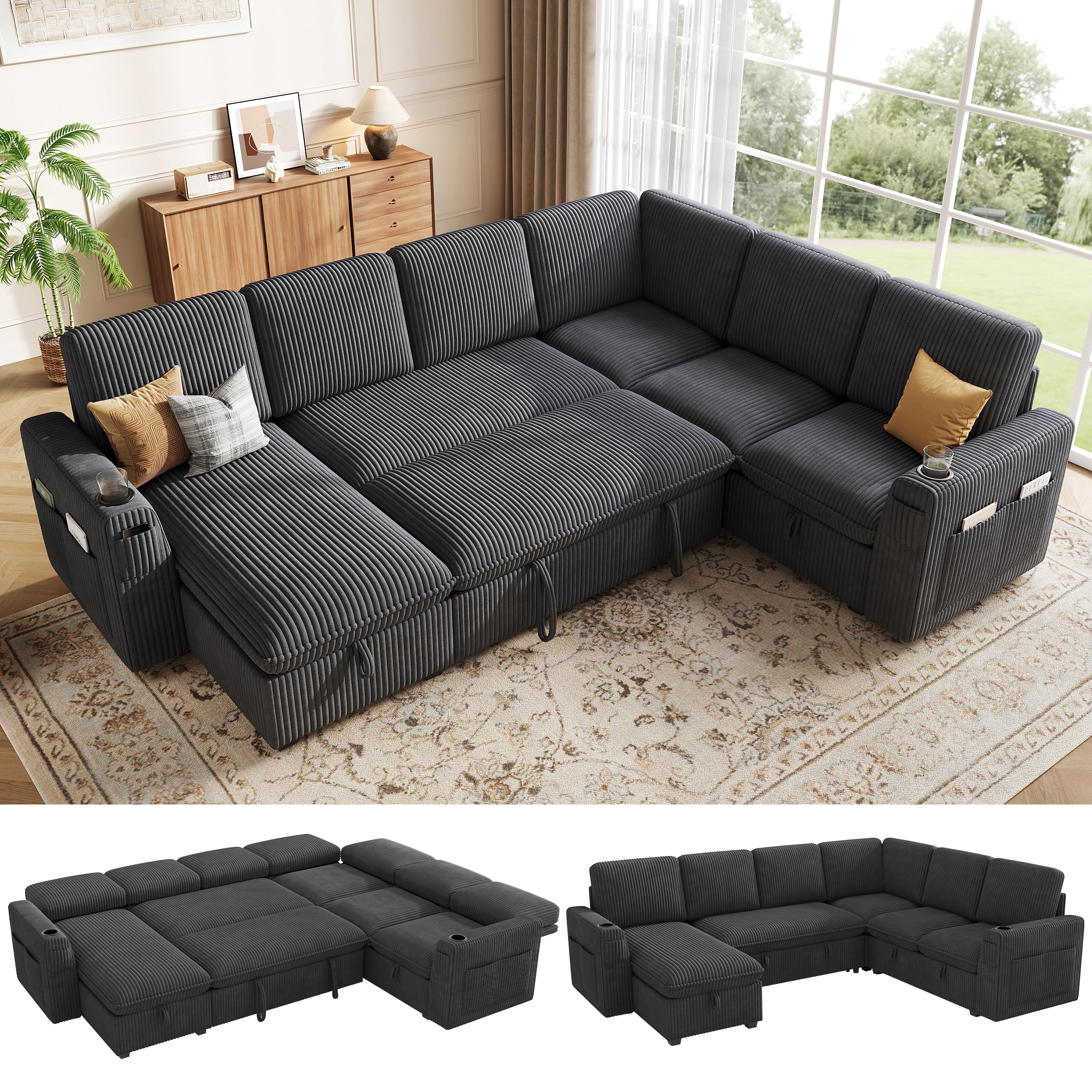 Plush Corduroy Sectional Sleeper Sofa with Storage
