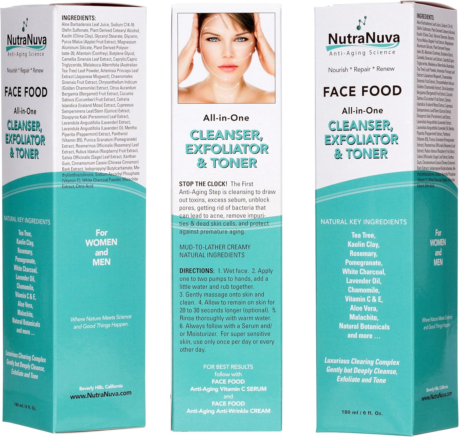 Face Food – Cleanser, Exfoliator & Toner All-in-One – Clear Skin Natural Vegan Facial Wash, Tea Tree & Clay, Gentle Clean Anti Aging, Not Drying/Oily, Restore pH, Fight Acne, 6 Oz