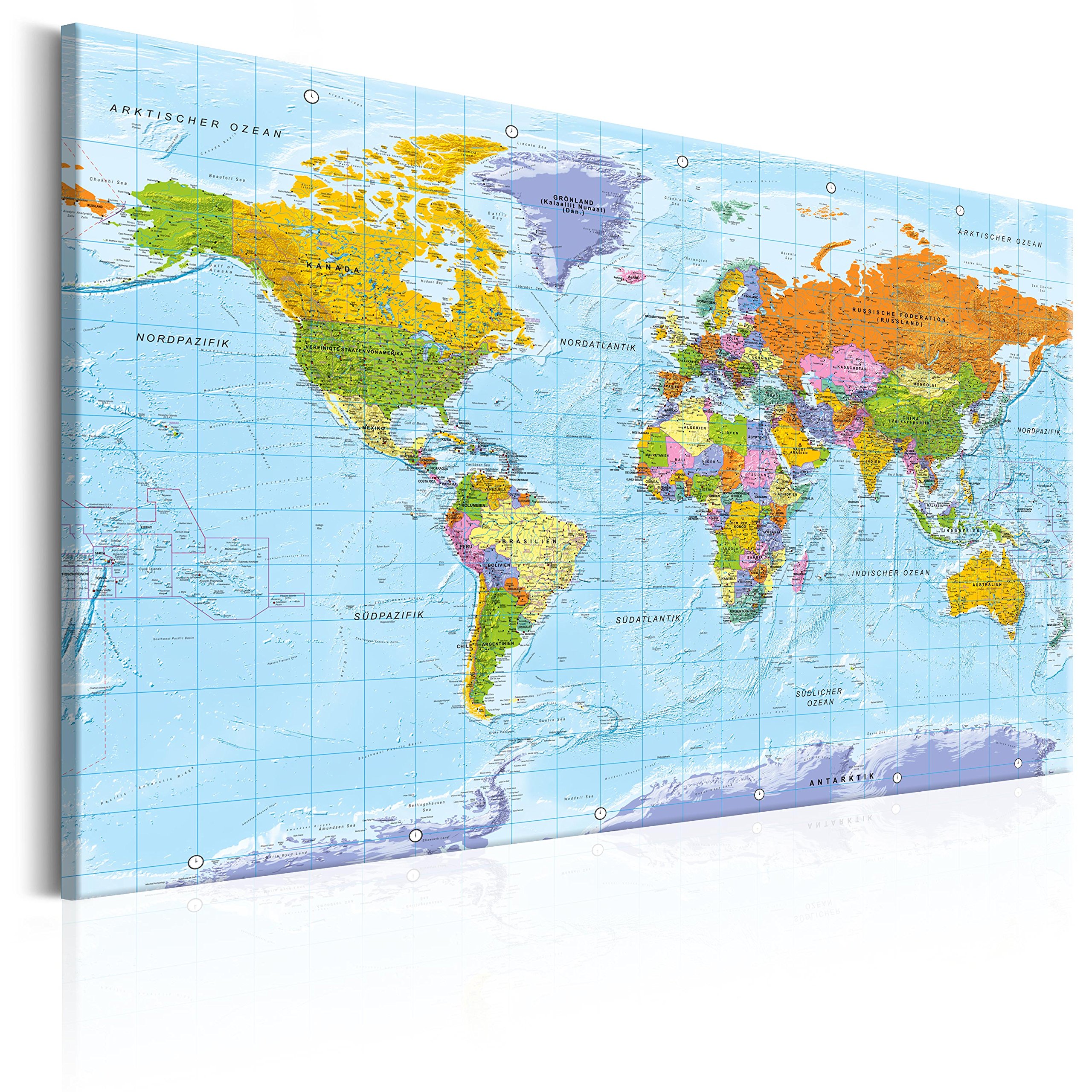 B&D XXL deutsch Weltkarte Pinnwand Kork & Vlies Leinwand Bilder 120x80cm XXL Zum Pinnen Groß Wandbild Rückwand Set mit 50 Markierfähnchen Wanddeko - Pins Deko Korktafel Lernkarte Landkarte World Map