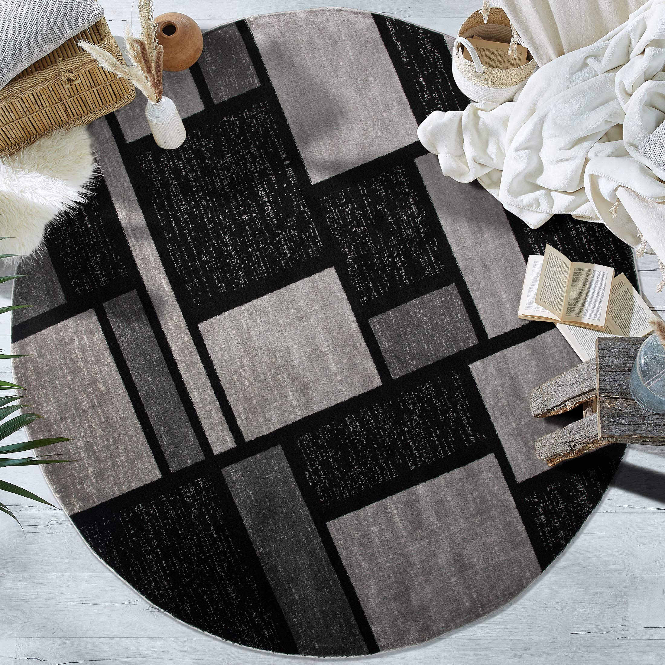 Rugshop Contemporary Modern Boxes Design Round Rug 6' 6" Diameter Gray