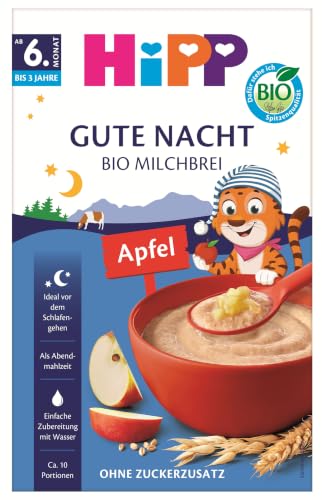 HiPP Bio Milchbrei Gute-Nacht Hafer Apfel (4 x 475g) ab 8. Monat ohne Zuckerzusatz mit Vollkorngetreide schonende Verarbeitung - sanft zu Babys Bäuchlein