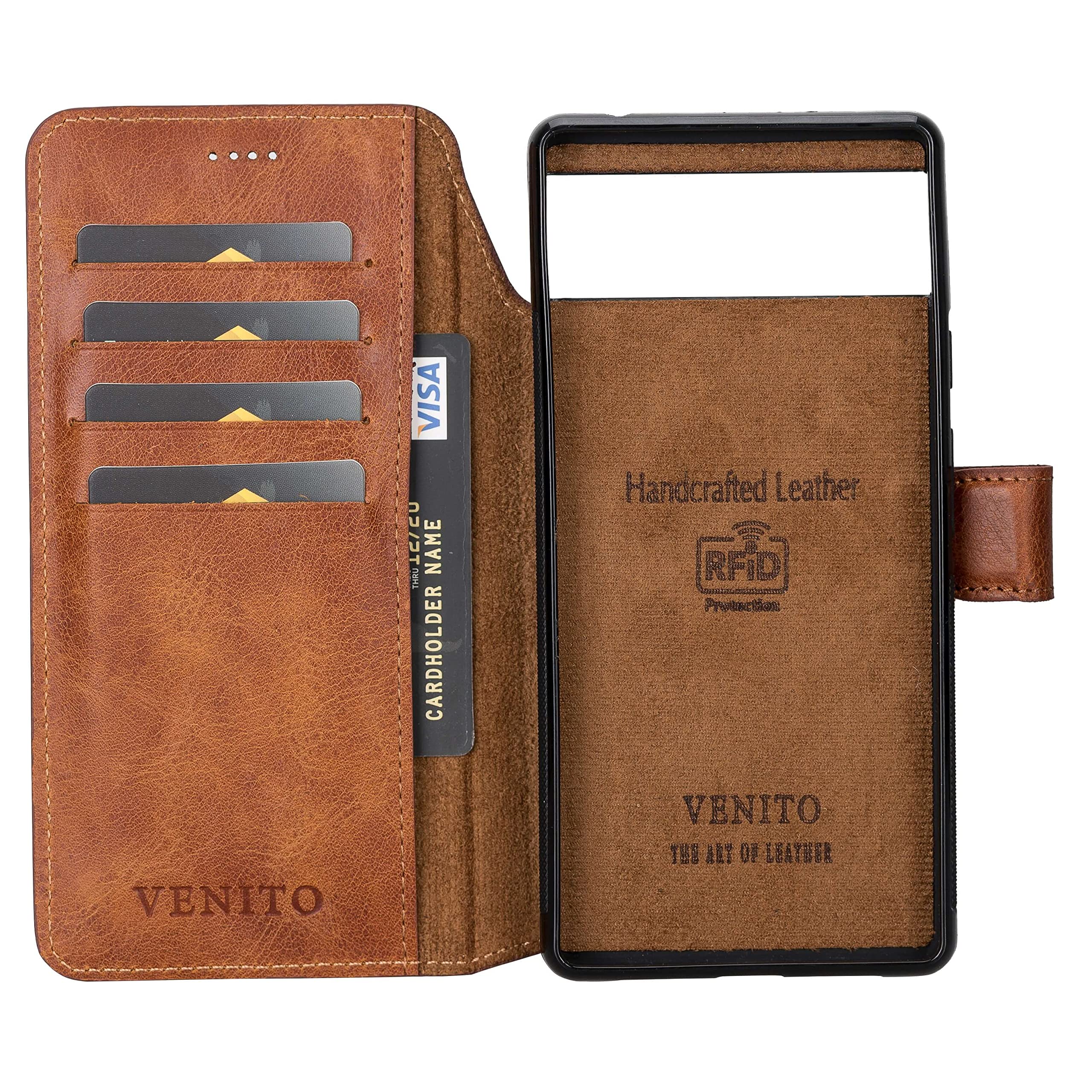 Venito Florence-Flex RFID Blocking Leather Wallet Case Compatible with Google Pixel 6 - Non-Magnet Slide in Detachable Wallet Case - Antique Brown (Antique Brown)