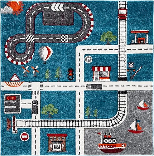 Miniatura 3 de SAFAVIEH Carousel Kids Collection - Alfombra cuadrada de 6 pies 7 pulgadas, turquesa y marfil, no desprende pelusa y de fácil cuidado, ideal para