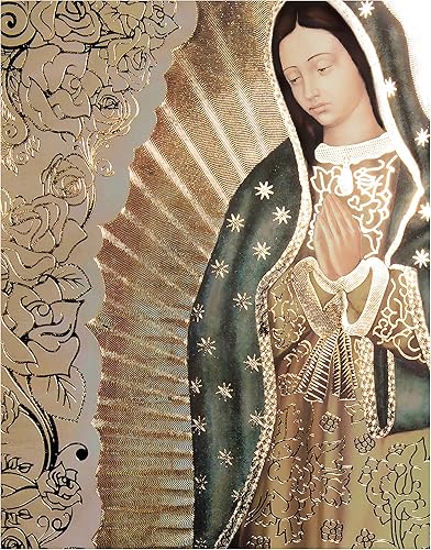 Miniatura 2 de Retrato corporal de Nuestra Señora de Guadalupe con borde dorado grabado (15 x 19 pulgadas), arte de pared religioso, impresión laminada, sin marco,