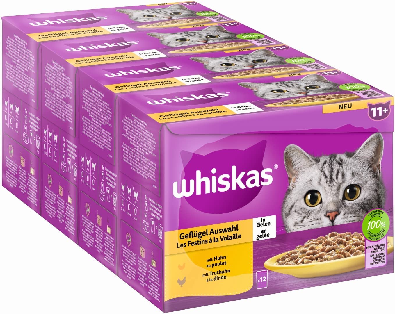 Whiskas Senior 11+ cibo umido per gatti, pollame in gelatina, 48 sacchetti per porzioni, 12 x 85 g (confezione da 4) – cibo umido per gatti di alta qualità per gatti dai 11 anni