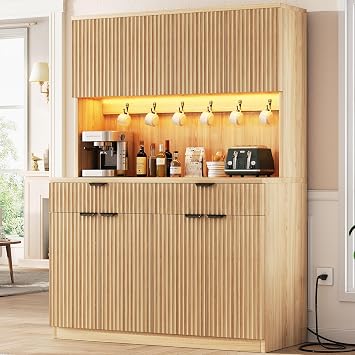 Jocoevol Fluted Kitchen Pantry Storage Cabinet with Charging Station/LED Light/Doors/Shelves, 71 Tall Kitchen Food Hutch with Microwave Stand for Dining Room Living Room Natural, 47 * 15.7 * 71