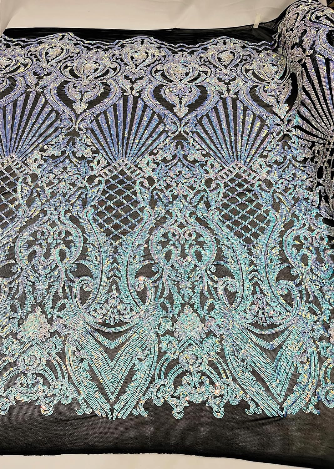 New Creations Fabric & Foam Inc, 50" Wide 100% Polyester Shiny Shell Damask Pattern On A 4 Way Stretch Mesh Fabric (Orange Hologram)