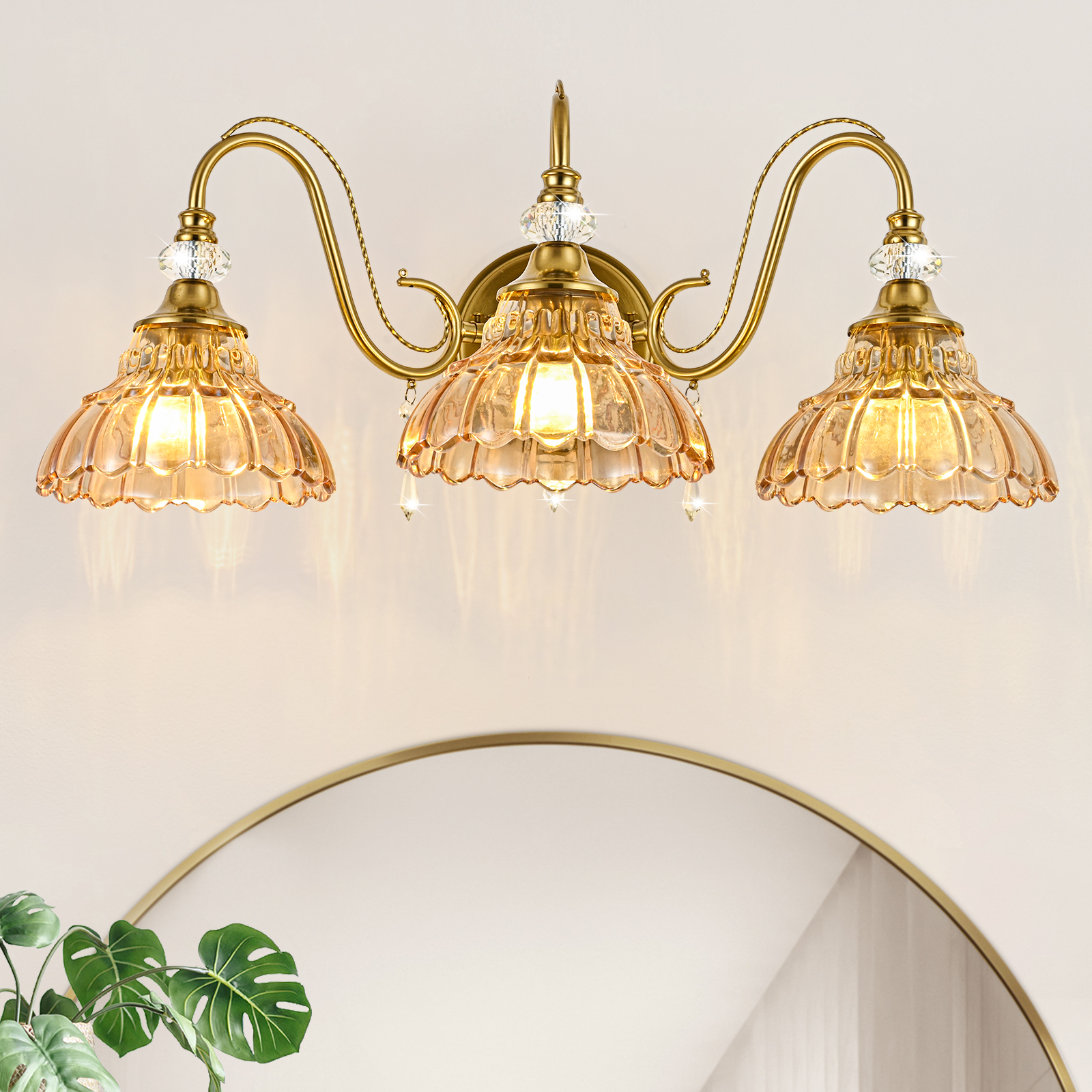 Image of Vintage Bathroom Vanity Light, 3-Light Brushed Gold Finish Wall Sconce with Hanging Crystal Accents and Flower-Shaped Amber Glass Shades, Retro Wall Mount Vanity Light Over Mirror for Bathroom