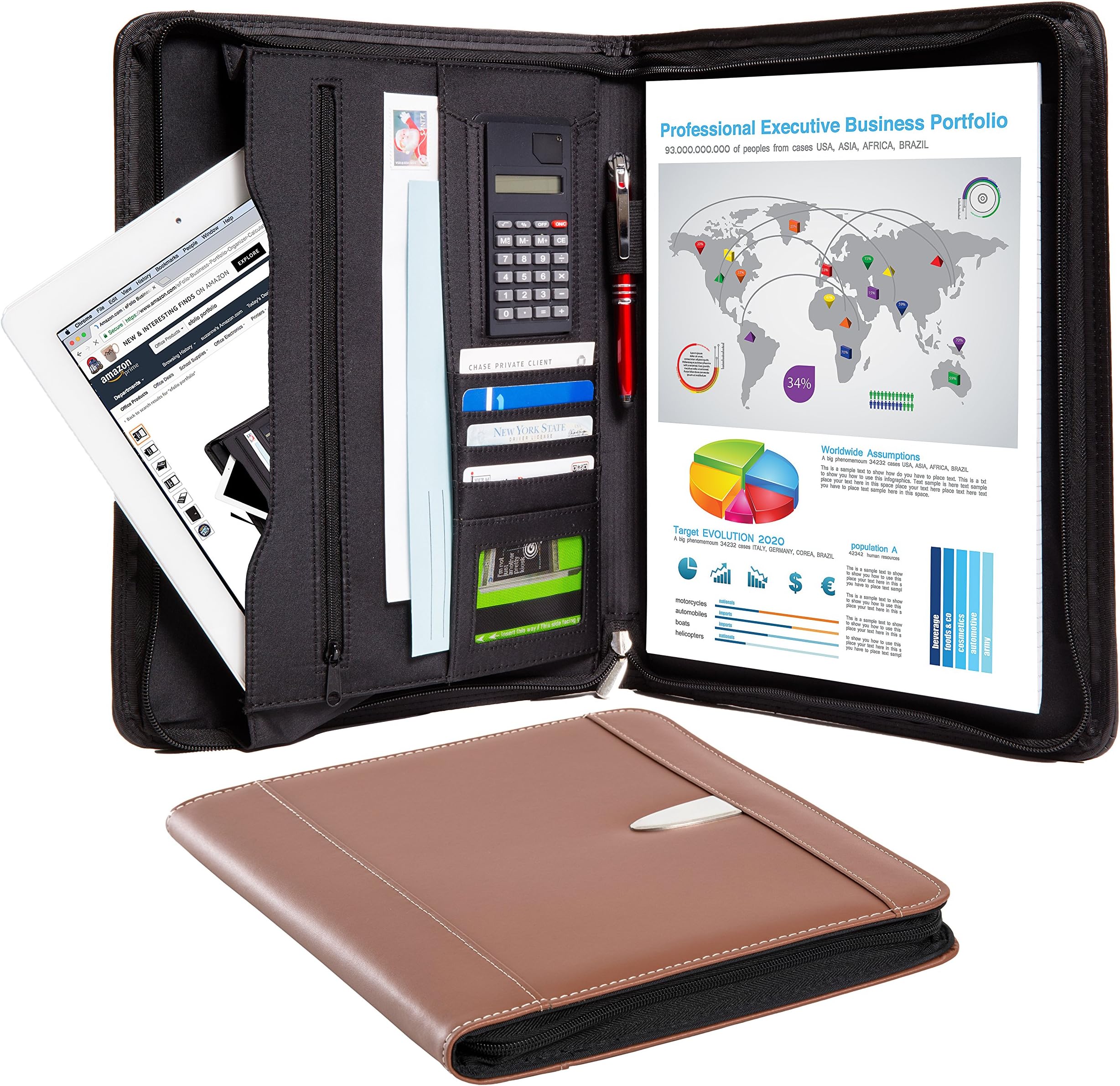 Business Portfolio Padfolio Binder – Professional Genuine Leather Padfolio - Zippered Executive Portfolio Organizer, A4 Replaceable Notepad, Calculator, iPad/Tablet Sleeve & Card Holder - eFolio