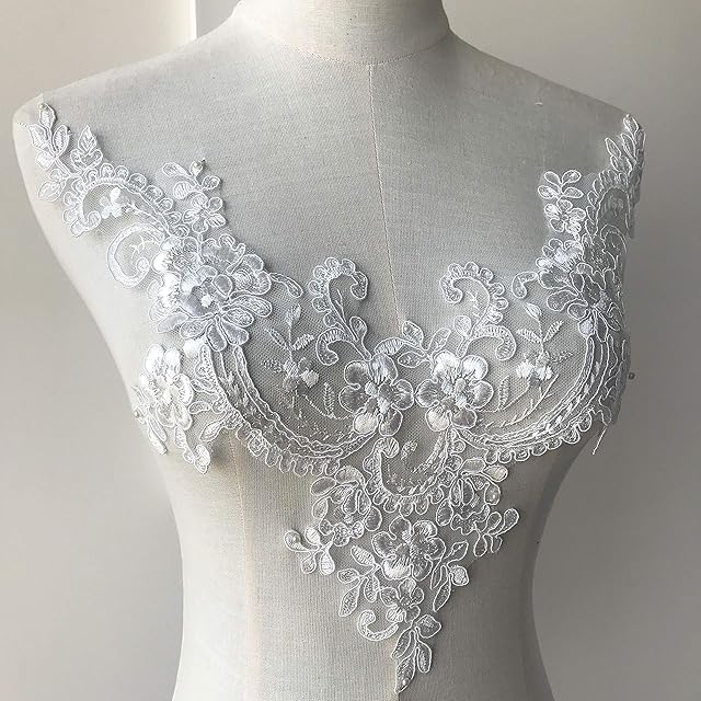 Off White V-Neck Lace Applique Embroidery Floral Bridal Wedding Lace Motif Trims Sewing Patches for Craft Projects